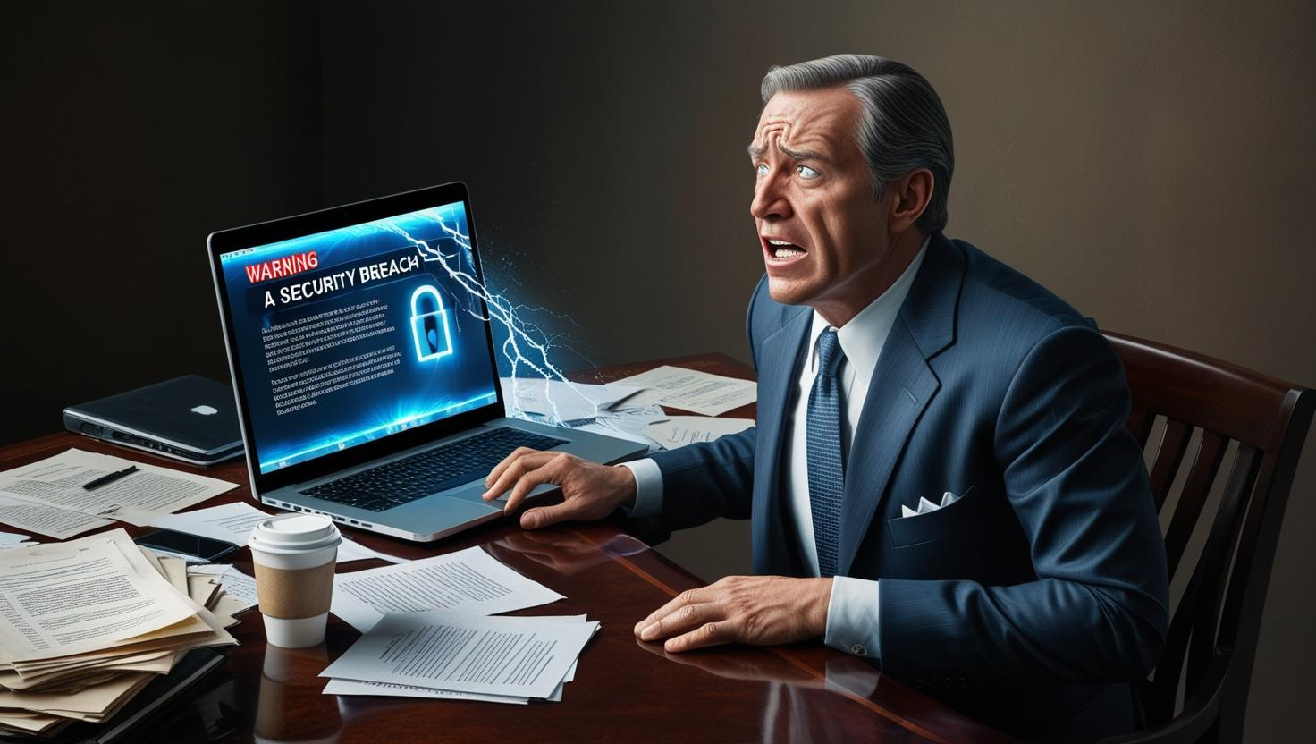 Businessman in panic after his computer has been hacked, representing the risks of poor cybersecurity and IT downtime